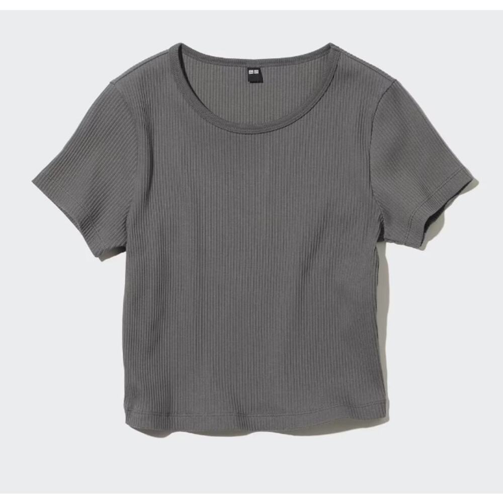3/$15 Uniqlo Ribbed Crew Neck Short Sleeve Cropped T-shirt Gray *Discoloration* - Picture 1 of 7